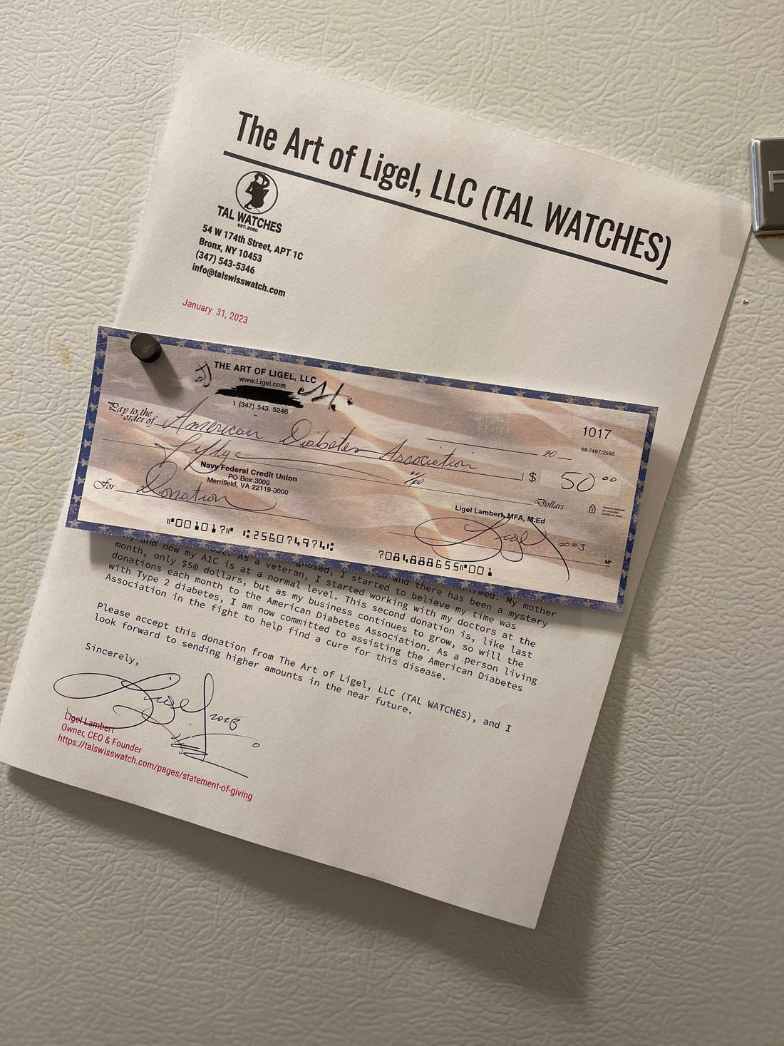 TAL WATCHES - Second Donation to the American Diabetes Association 