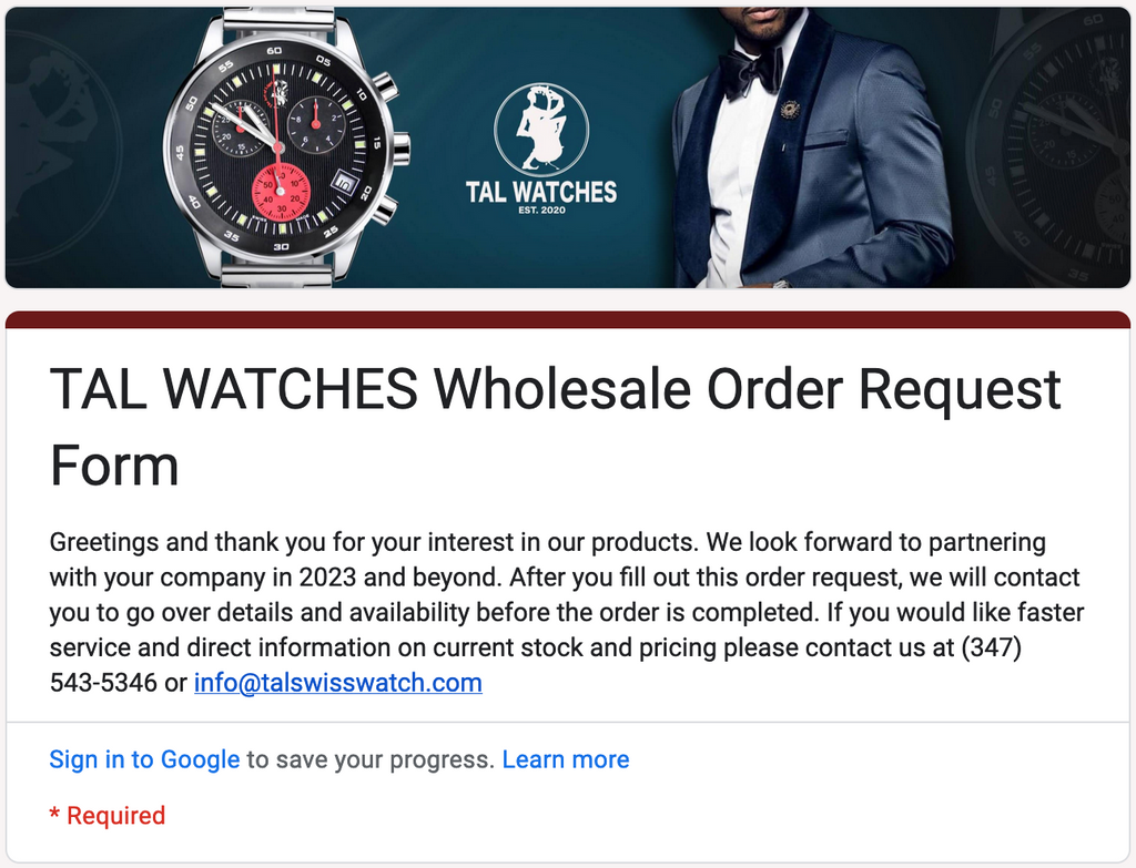 TAL WATCHES Wholesale Order Request Form Published