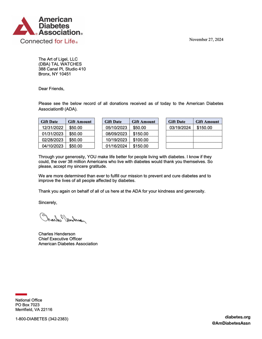 American Diabetes Association - The Art of Ligel, LLC (DBA) TAL WATCHES